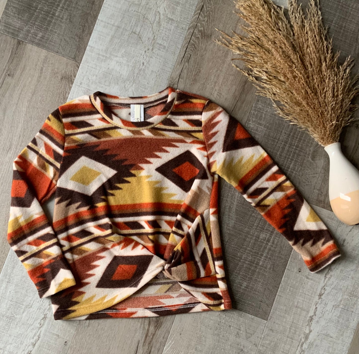 Rust Aztec Long Sleeve Knot Top