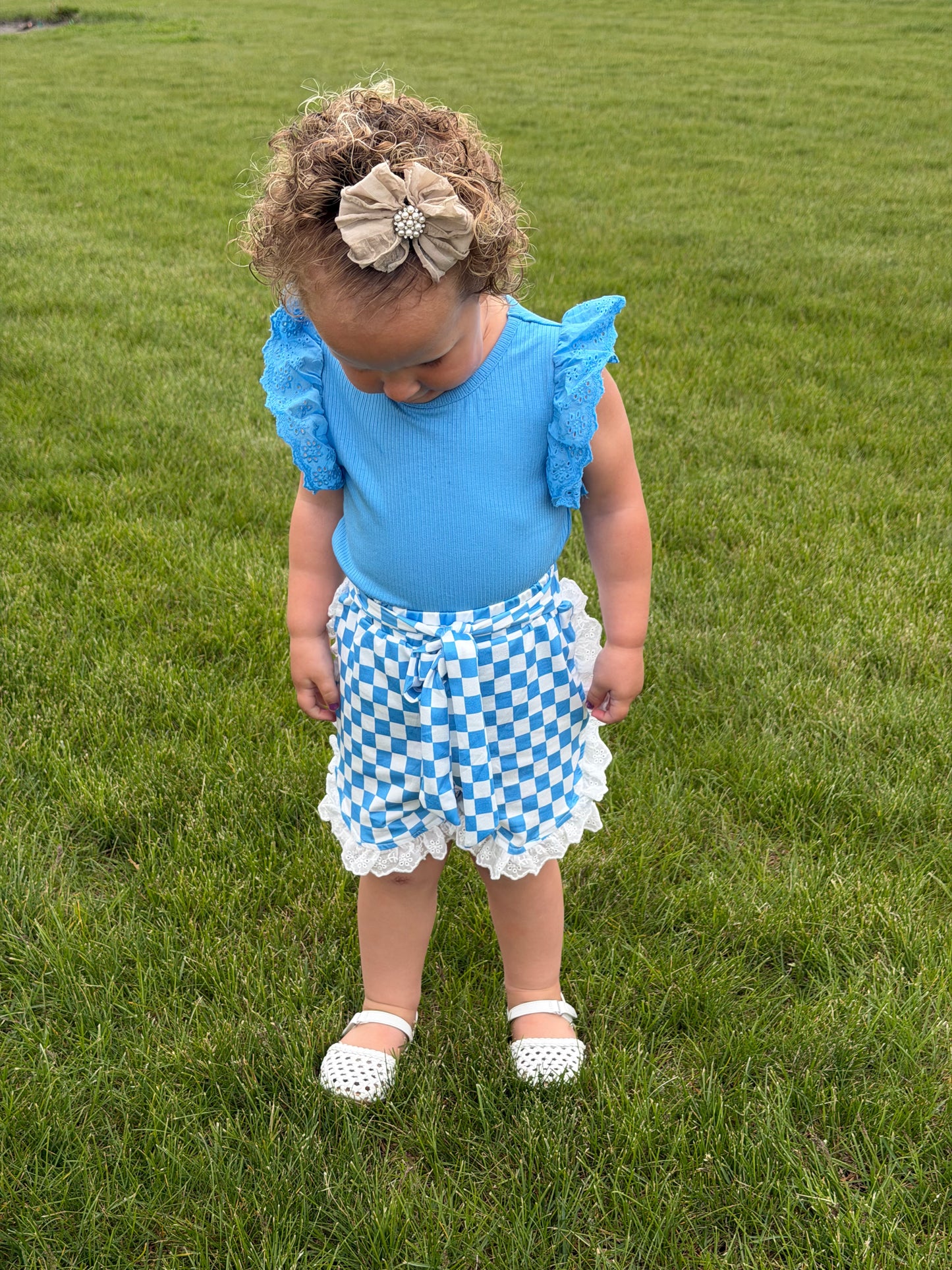 Blue Lace Checkered Shorts Set