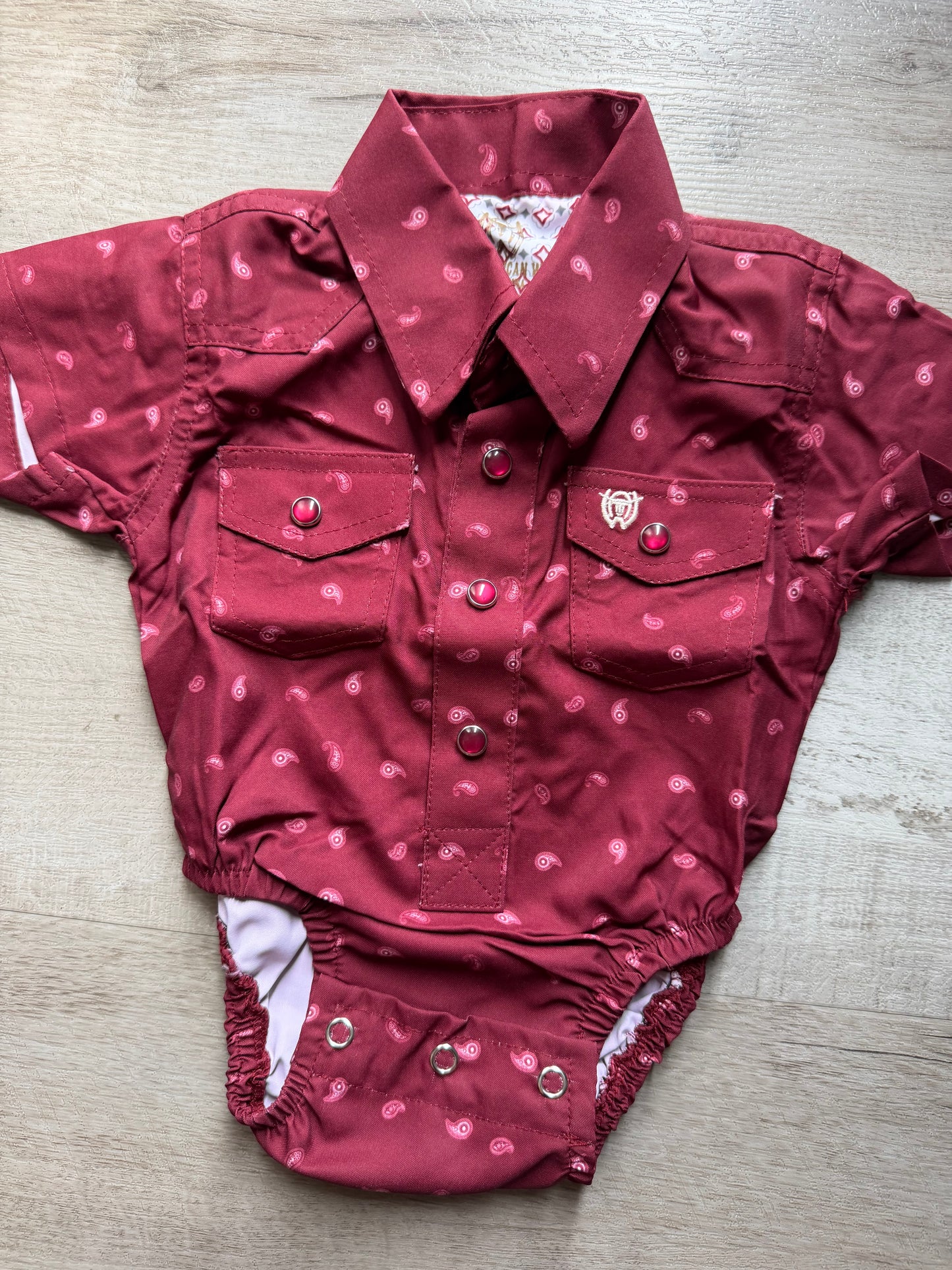Maroon Paisley Pearl Snap Onesie
