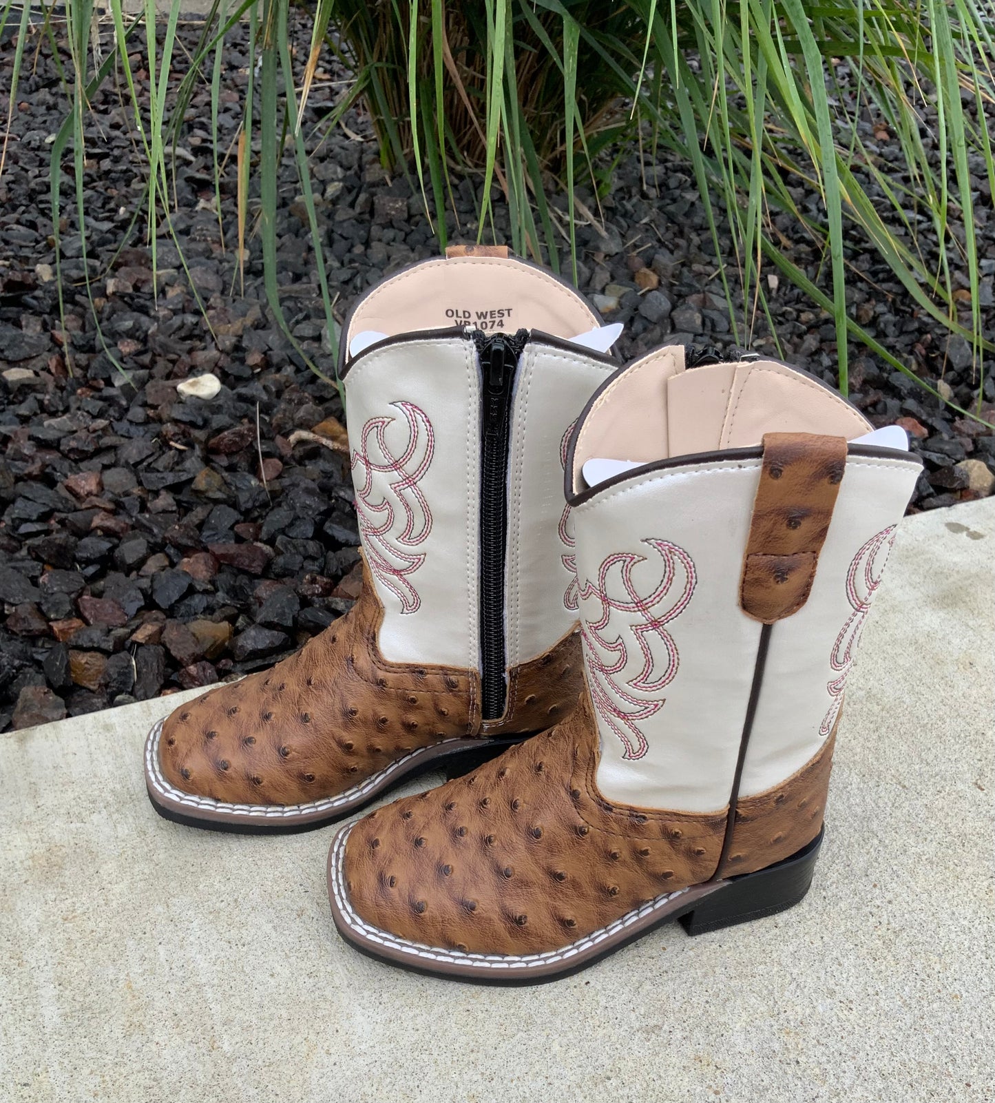 Brown Ostrich Print Square Toe Boot