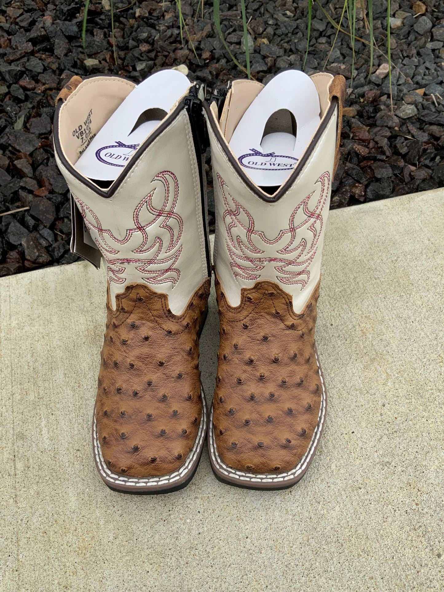 Brown Ostrich Print Square Toe Boot
