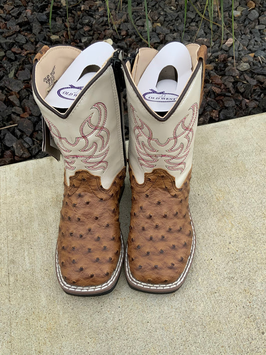 Brown Ostrich Print Square Toe Boot