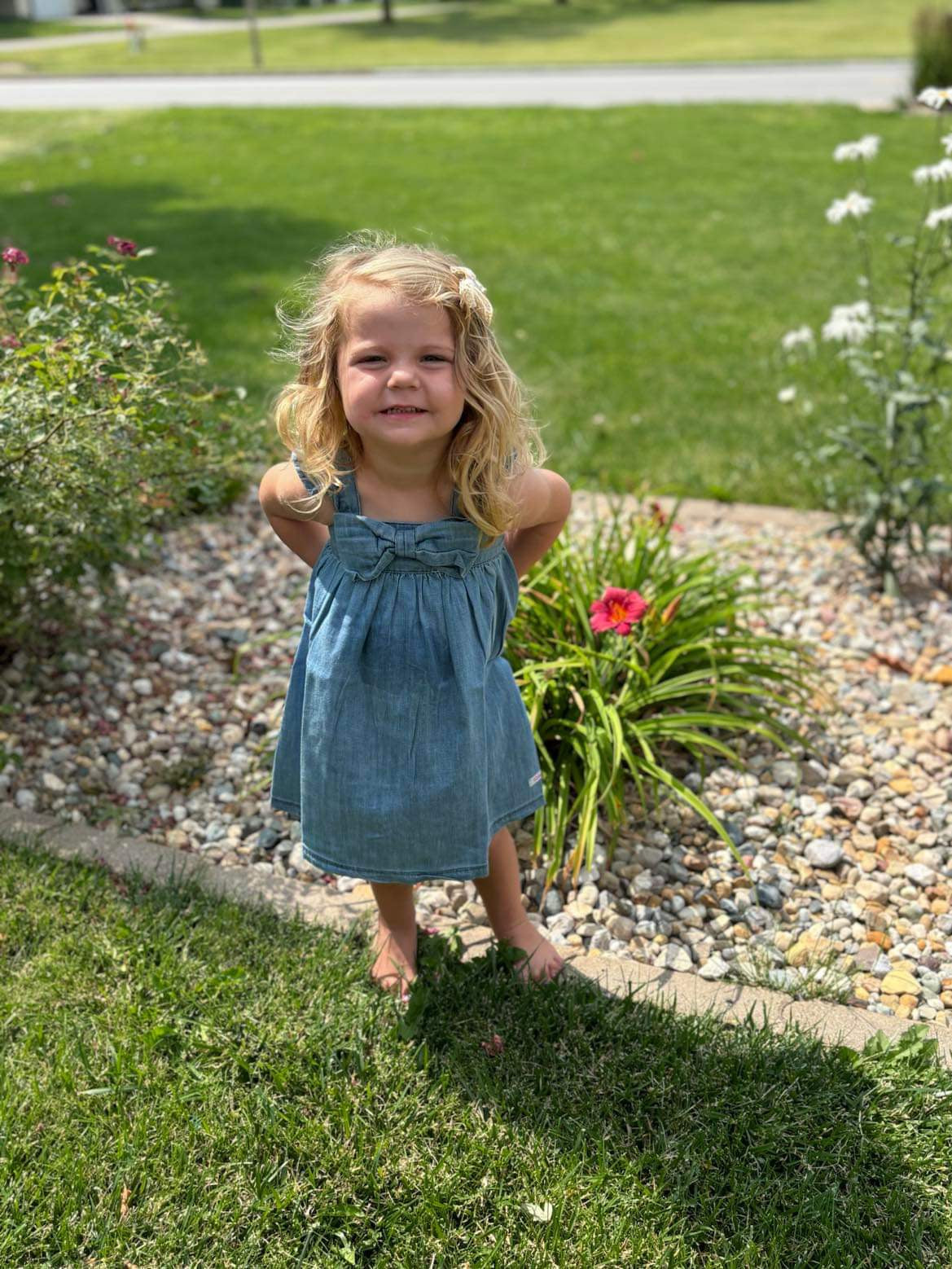 Light Wash Denim Flutter Bow Dress