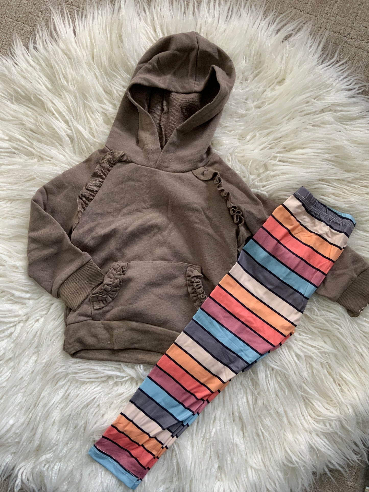 Grey Ruffle Hoodie w/ Stripe Leggings
