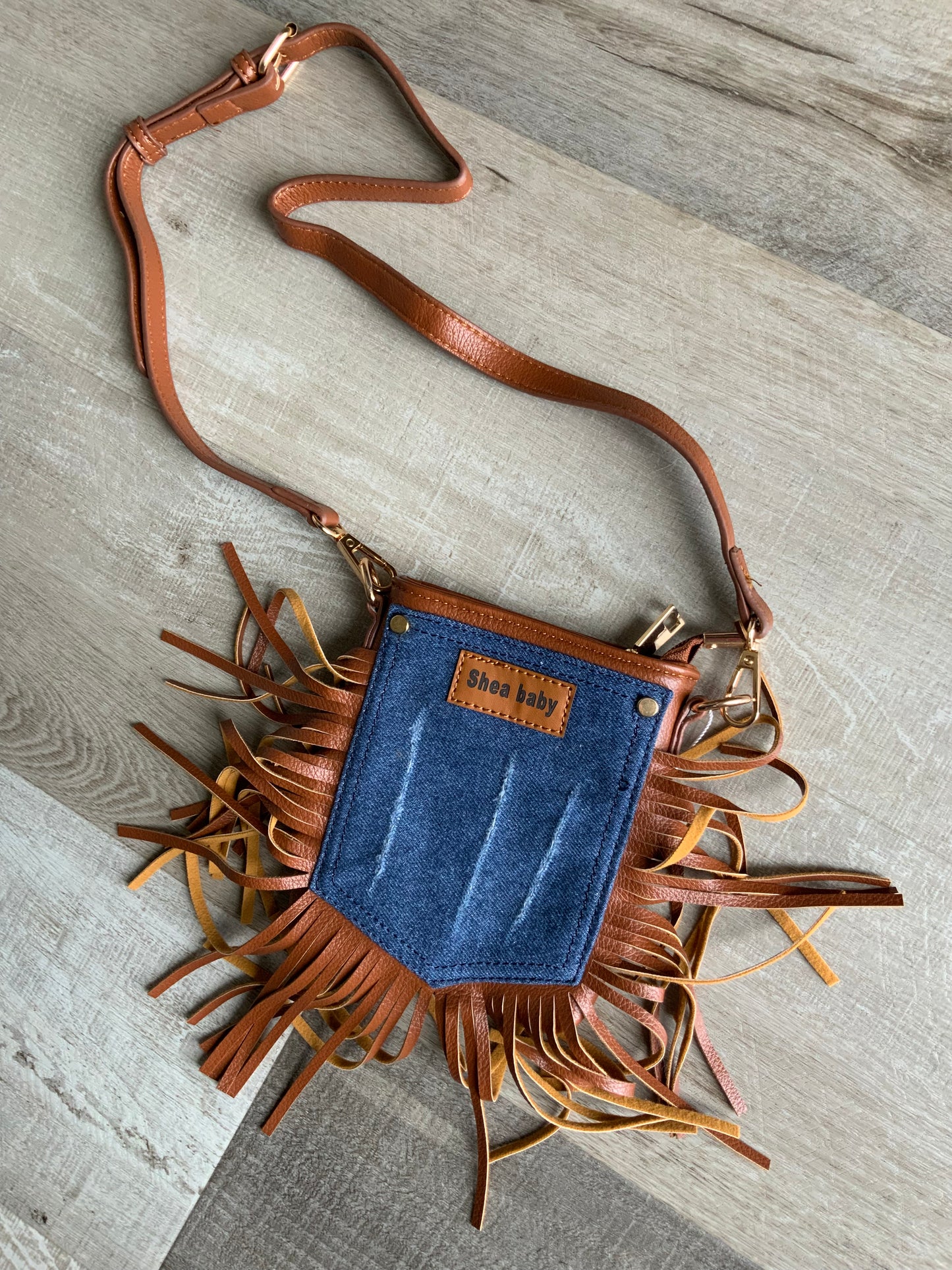 Denim Leather Fringe Kids Crossbody