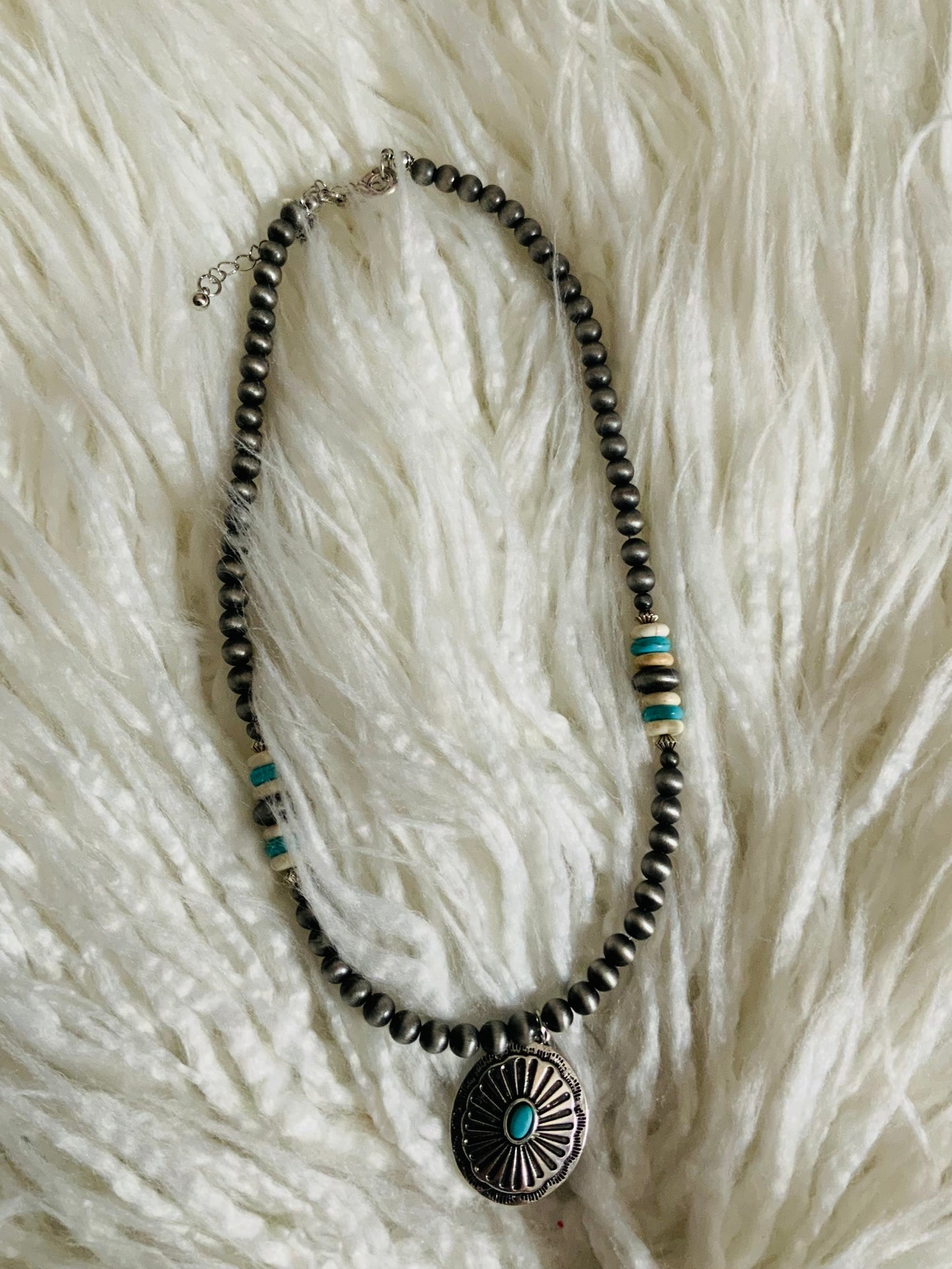18” Faux Navajo Pearl Necklace w/ Ivory & Turq