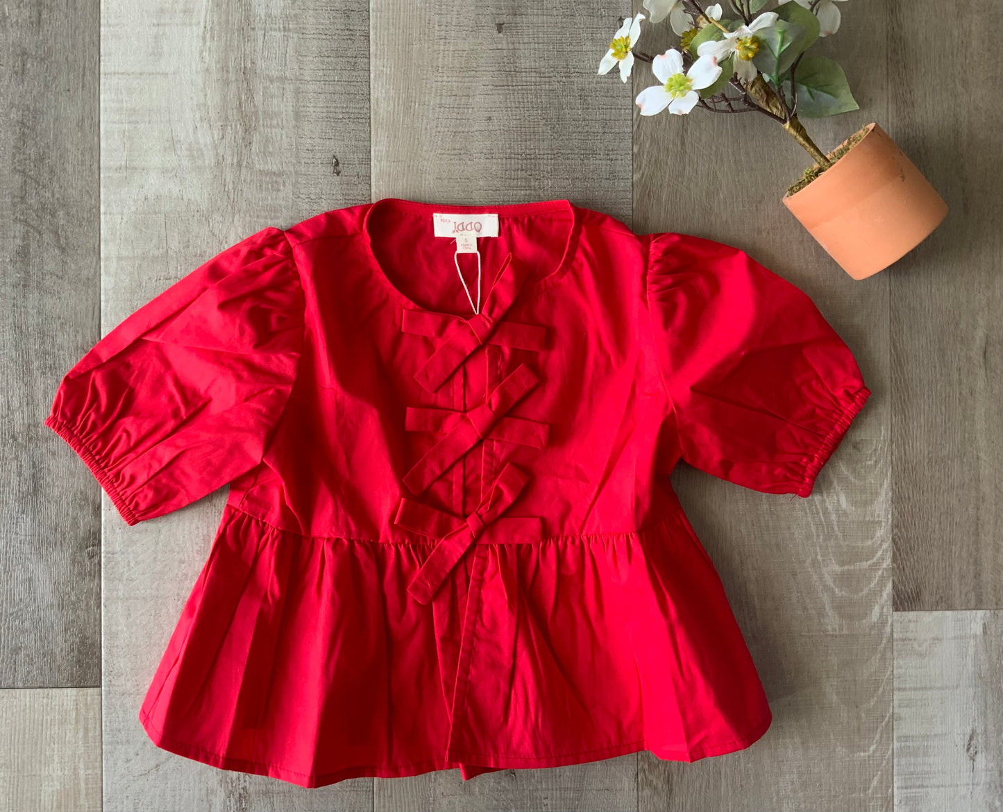 Red Poplin Front Tie Peplum Blouse