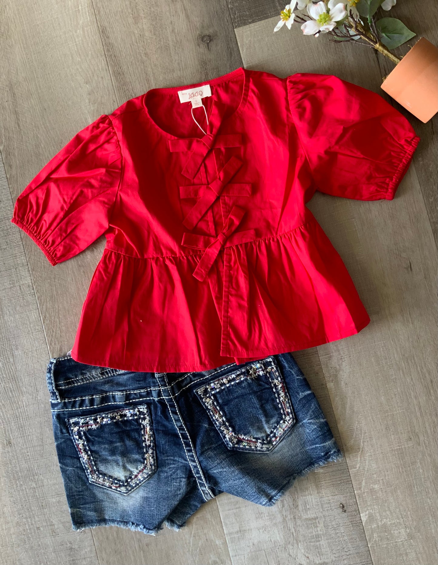 Red Poplin Front Tie Peplum Blouse