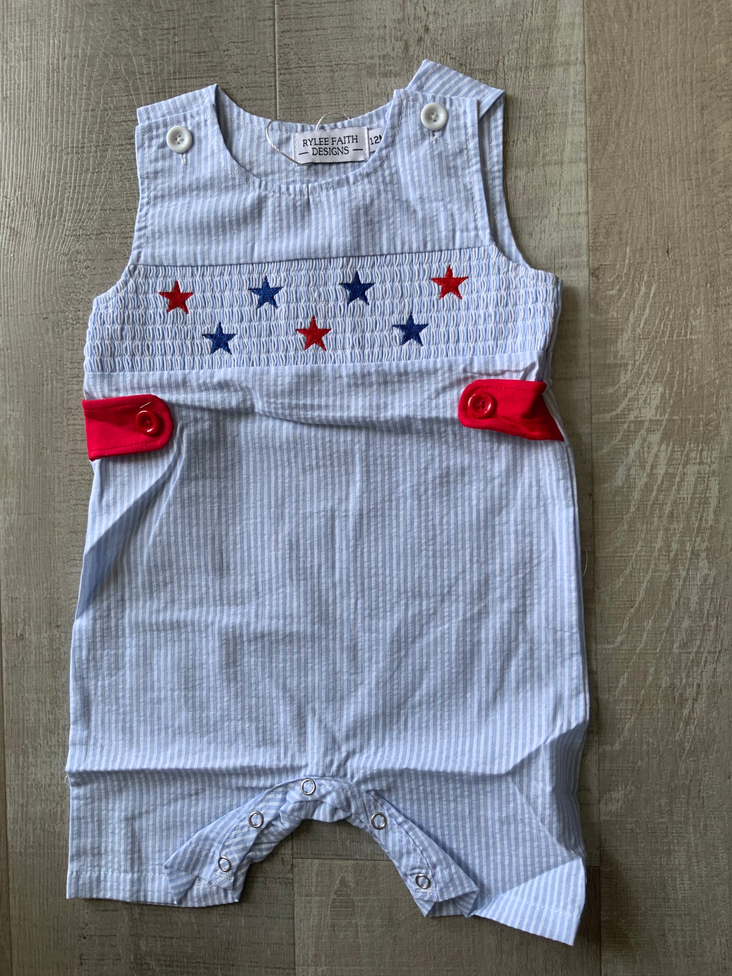 Blue Stripe Smocked Stars Overalls
