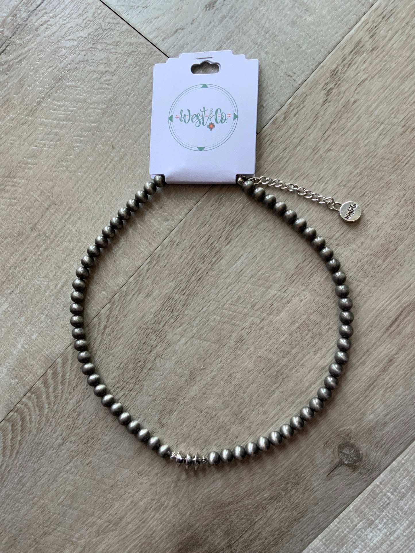 18” Faux Navajo Beaded Necklace w/ Burnished Silver Disc Accent