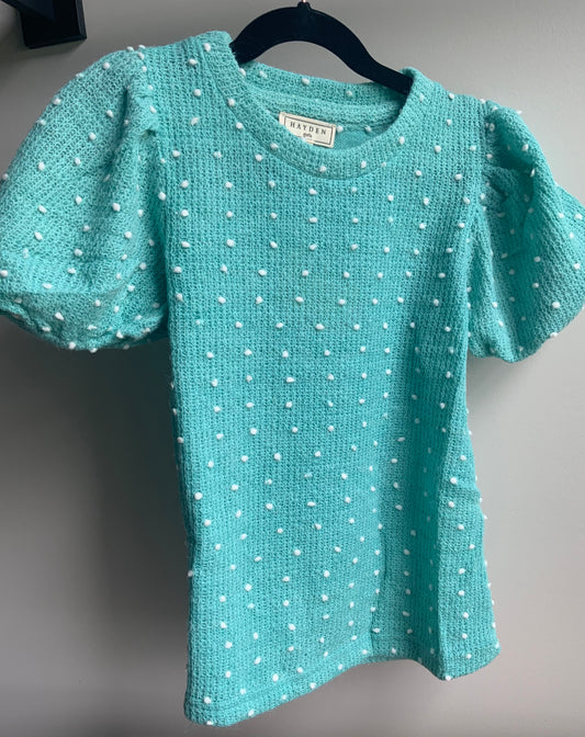 Aqua Swiss Dot Puff Sleeve Top