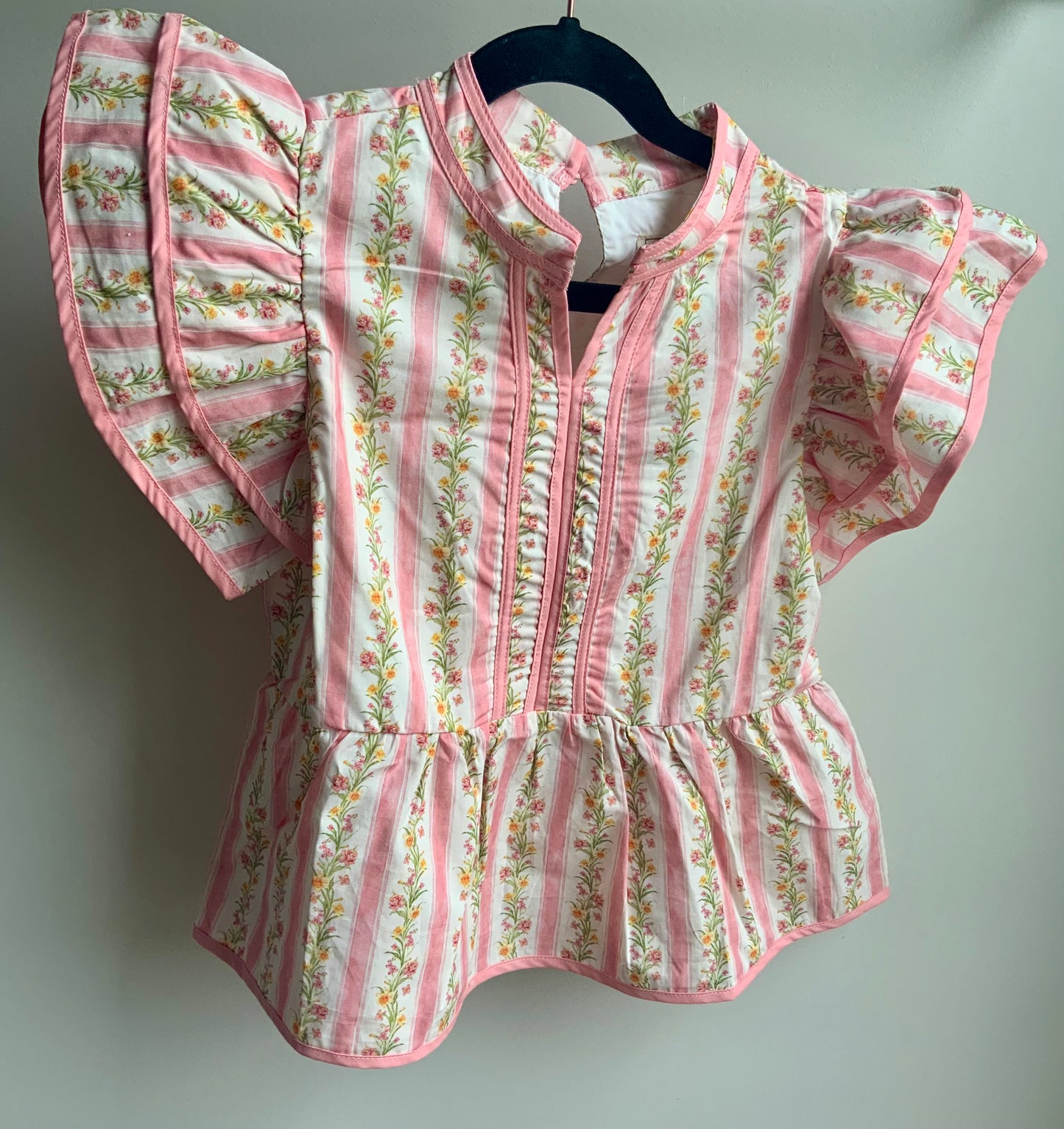Pink Floral Striped Ruffle Shoulder Top