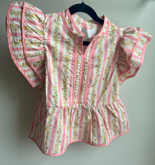 Pink Floral Striped Ruffle Shoulder Top