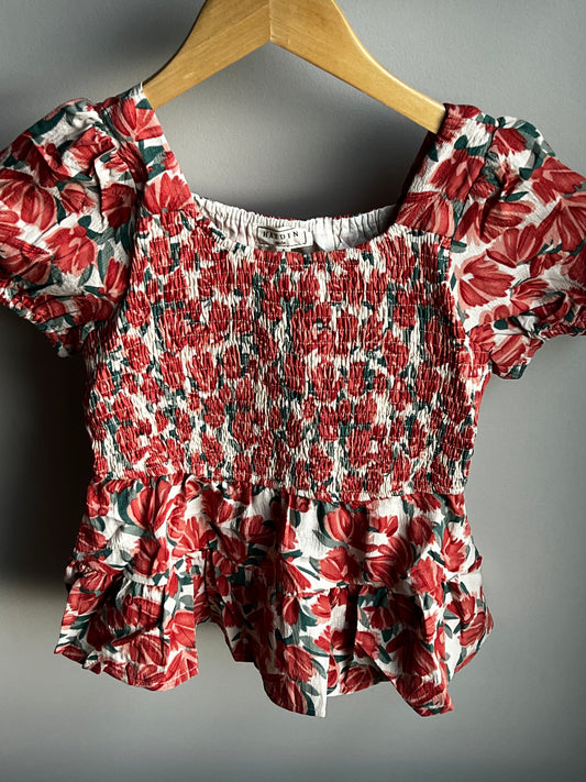 Coral Floral Rouche Blouse