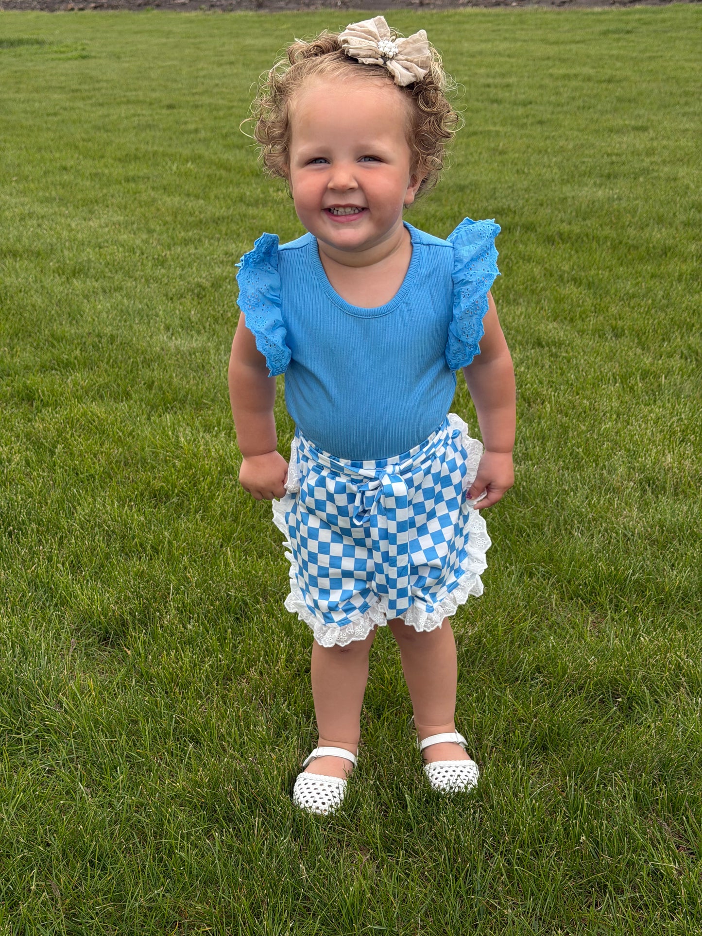 Blue Lace Checkered Shorts Set