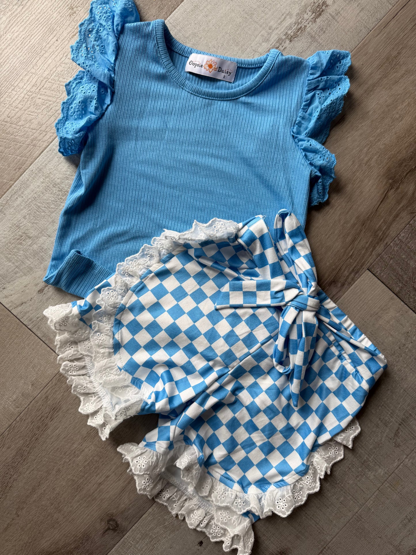 Blue Lace Checkered Shorts Set