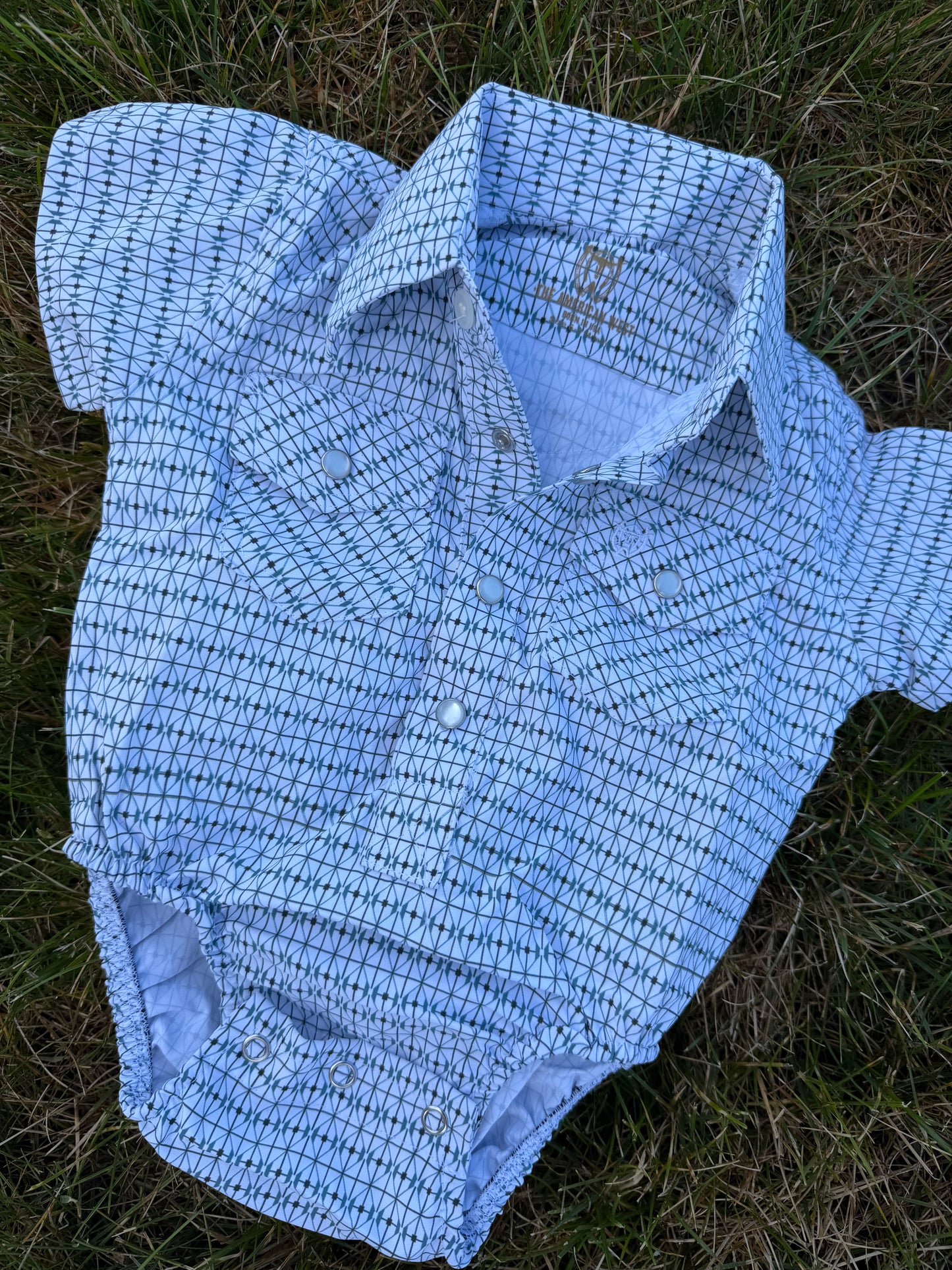 White & Teal Short Sleeves Pearl Snap Onesie