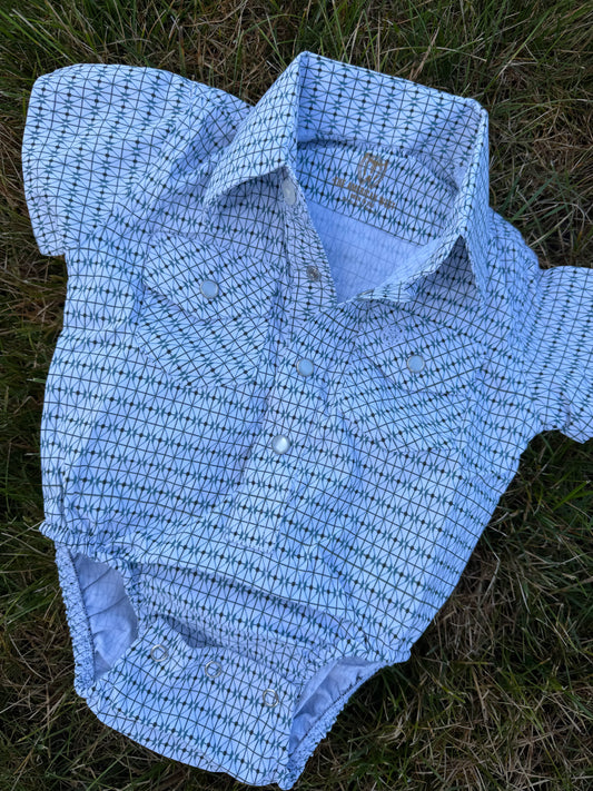 White & Teal Short Sleeves Pearl Snap Onesie