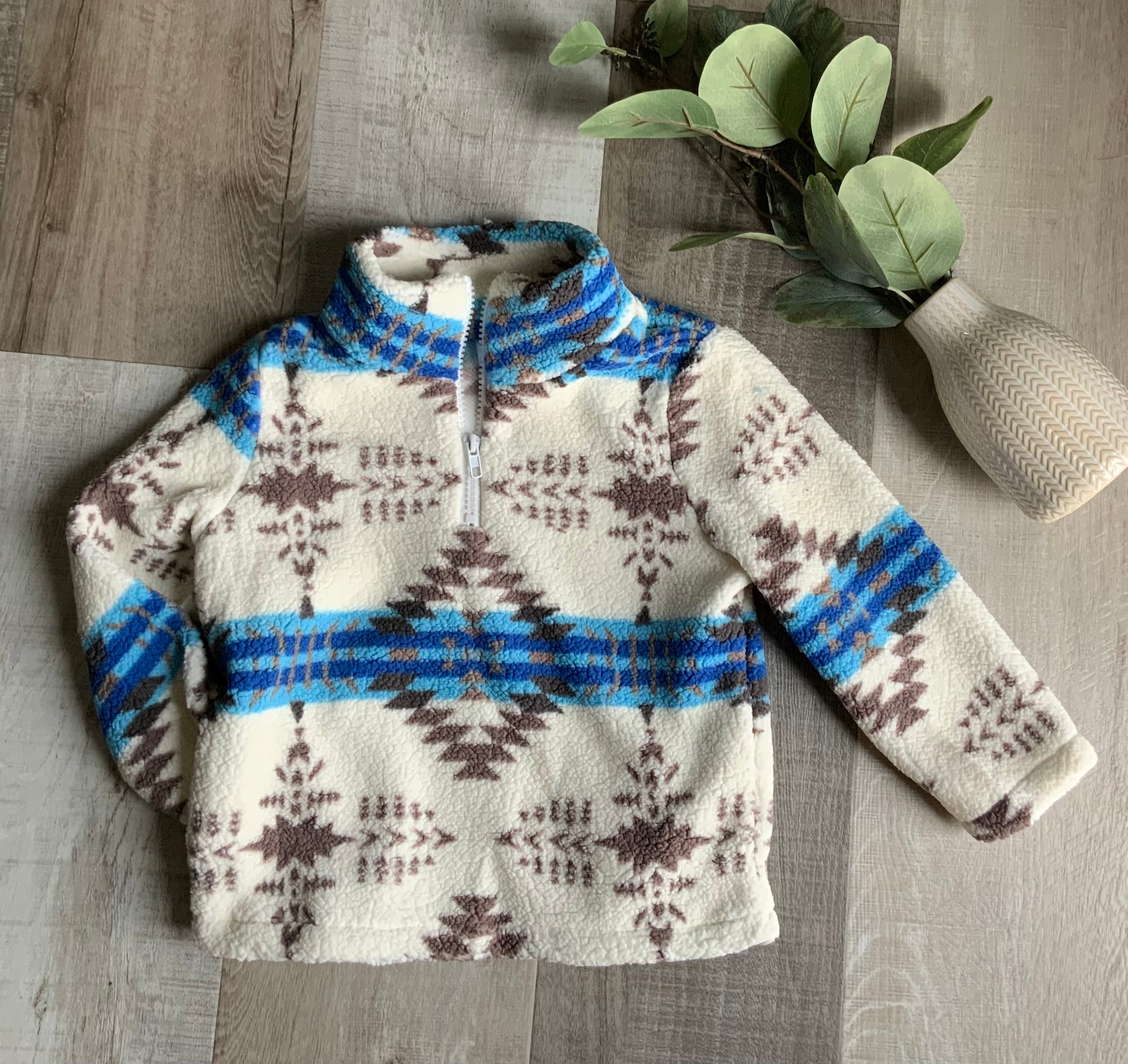 Ivory Blue Aztec Sherpa Pullover