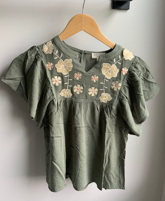 Olive Floral Embroidered Ruffle Sleeve Top