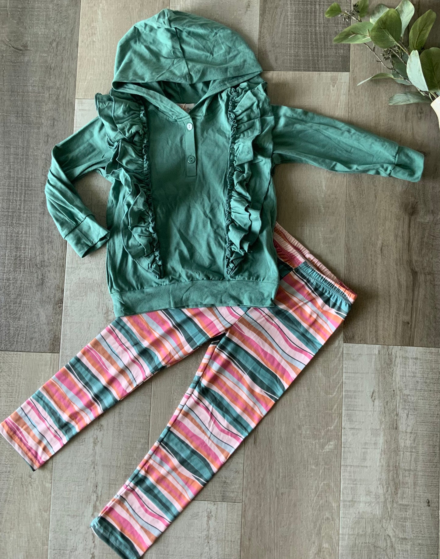 Sage Ruffle Hoodie w/ Stripe Leggings