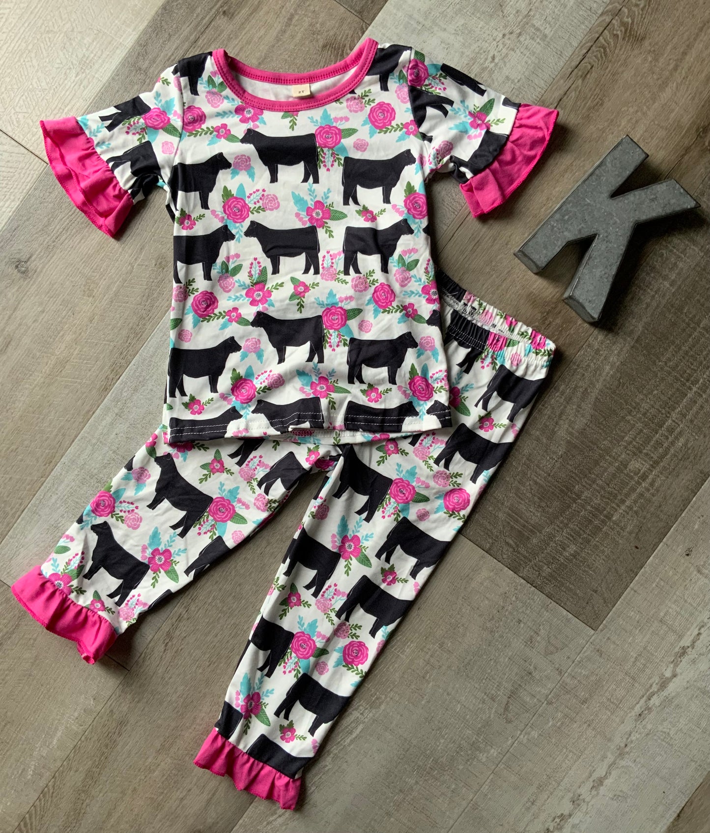 Ruffle Floral Cow Pink Pants Lounge Set