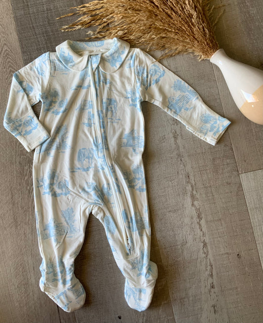 Farm Toile Blue Smocked Footie