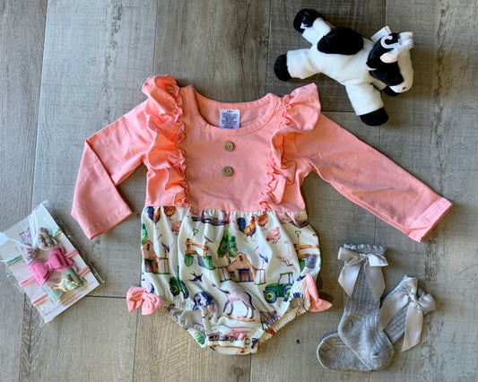 Peach Farm Scene Bubble Romper