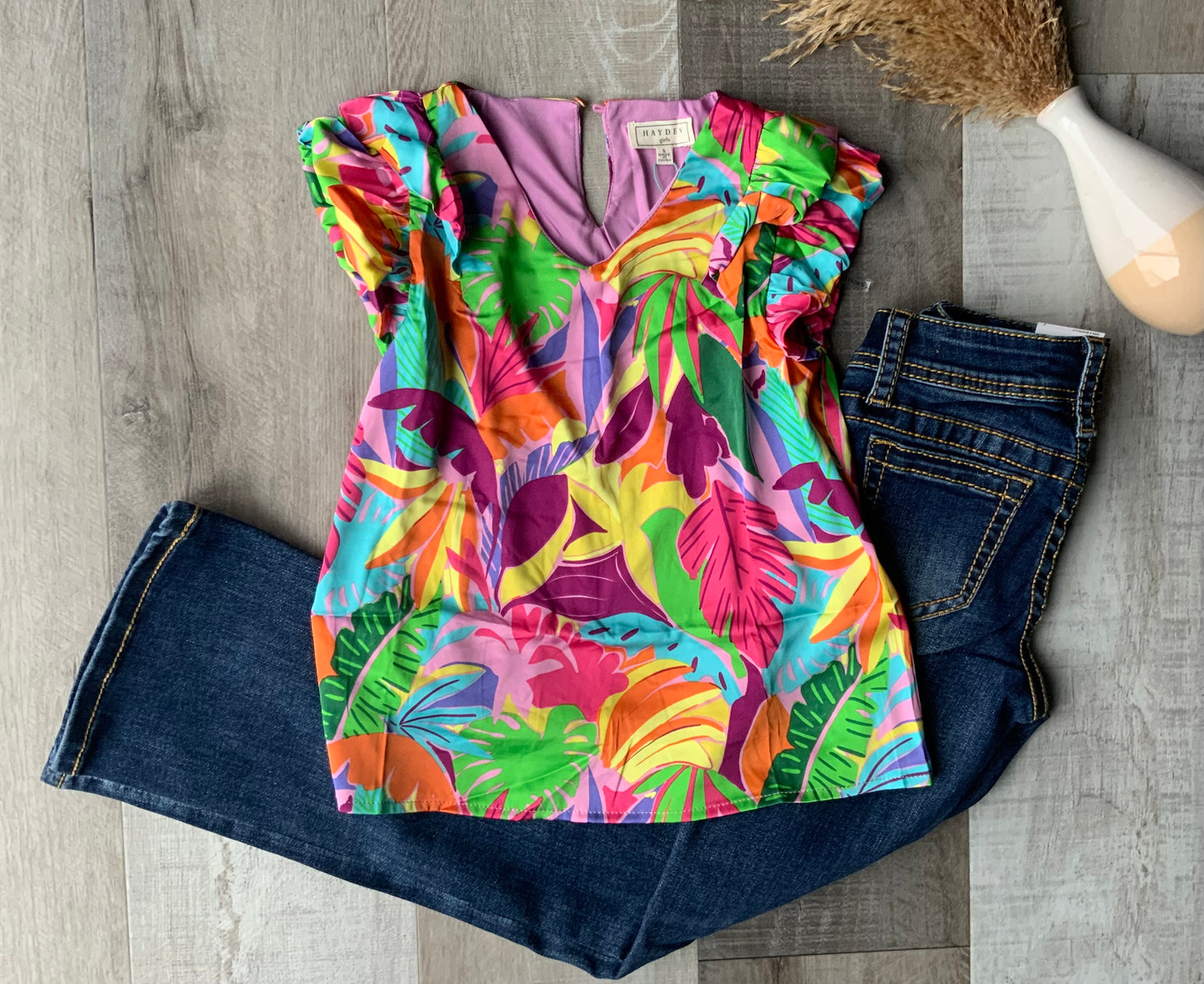 Tropical Ruffle Sleeve Blouse