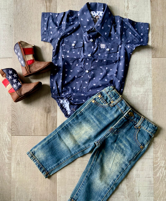 Navy Paisley Pearl Snap Onesie