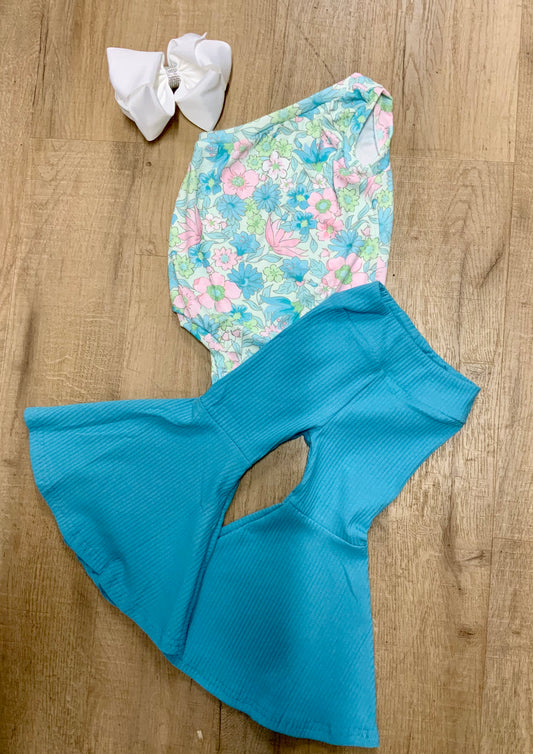 Turquoise One Shoulder Floral Bell Set
