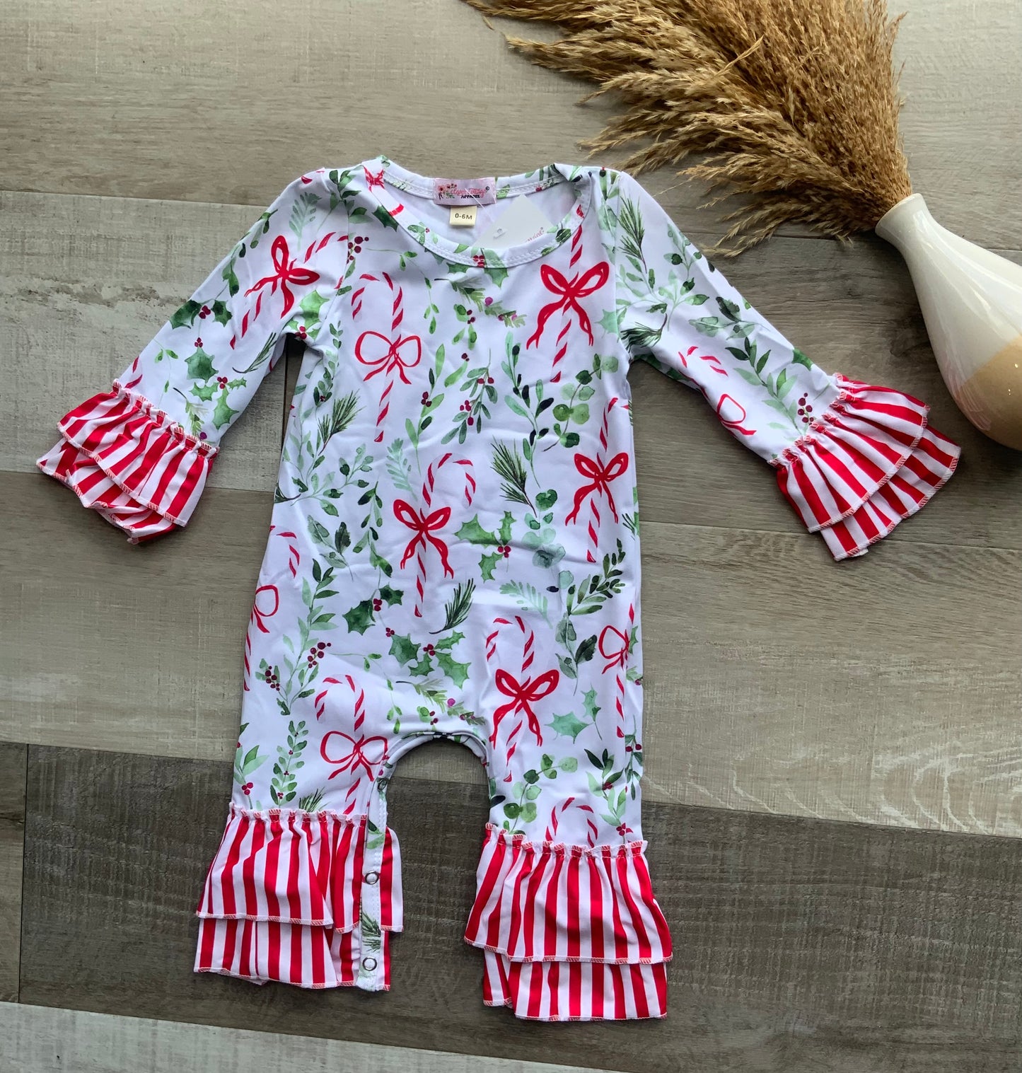 Whimsical Winter Candy Cane Ruffle Romper