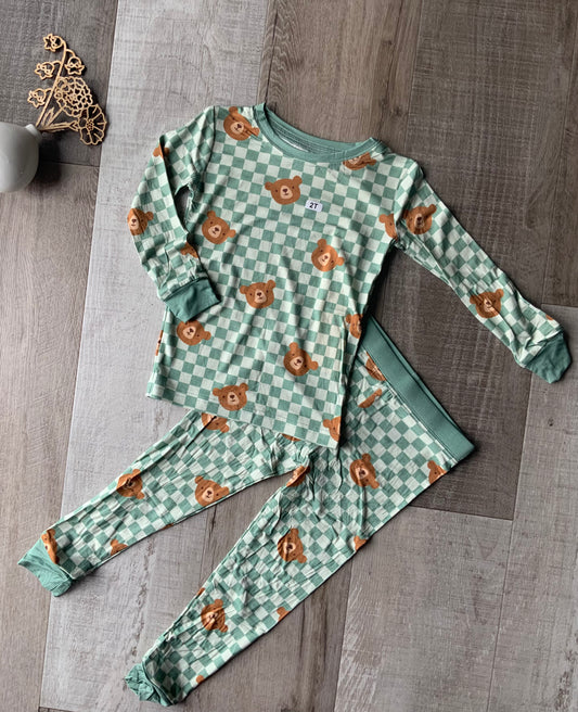 Teddy Bear Sage Check 2 Piece Pjs