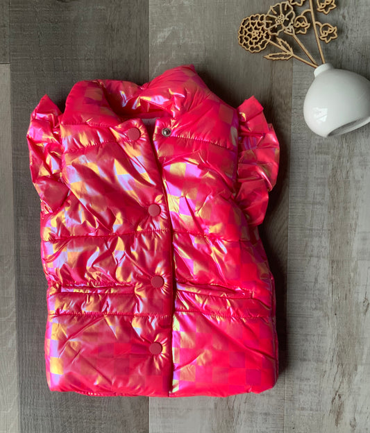 Neon Pink Checkered Puffer Vest