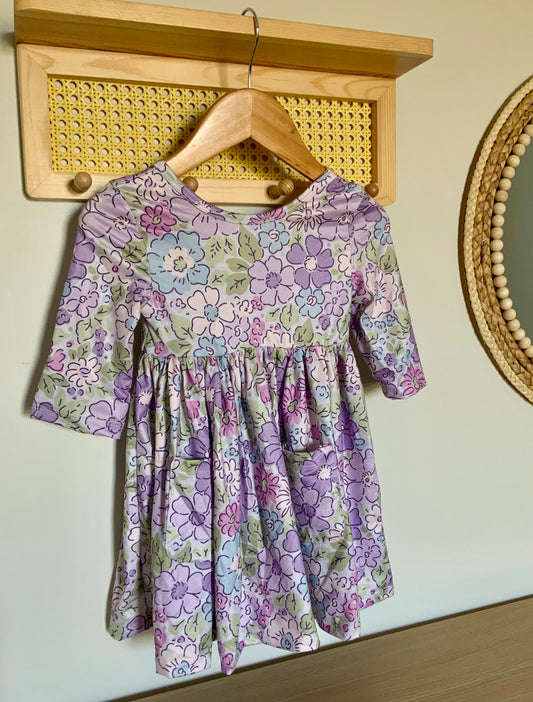 Lavender Floral 3/4 Sleeve Twirl Dress