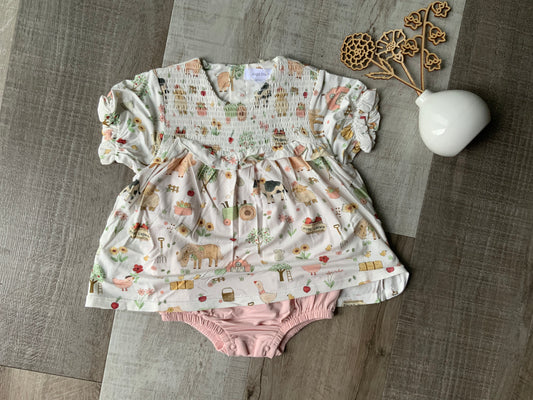Cute Pink Farm Animals Smocked Bubble w/ Skirt
