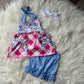Hot Pink Checkered Top w/ Blue Ruffle Shorts
