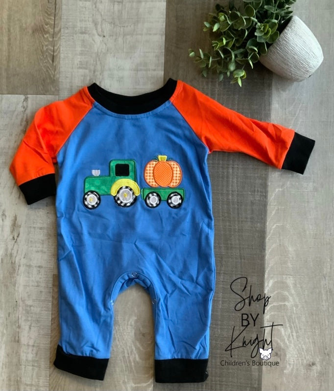 Blue and Orange Pumpkin Tractor Romper